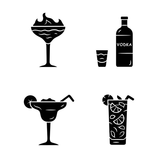 Drinks glyph icons set. Flaming shot, margarita, mojito, vodka. Glasses with beverages, bottle. Alcoholic mixes and soft drink for party, celebration. Silhouette symbols. Vector isolated illustration - Vector, imagen