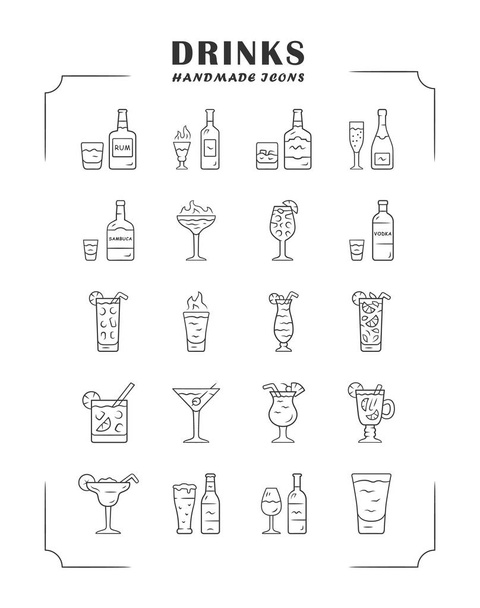 Drinks linear icons set. Alcohol menu card. Beverages for cocktails. Whiskey, rum, wine, martini, margarita, absinthe. Liquors. Thin line contour symbols. Isolated vector outline illustrations - Vektor, Bild