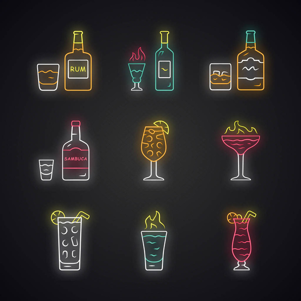 Drinks neon light icons set. Rum, absinthe, whiskey, sambuca, sa - Vector, Image