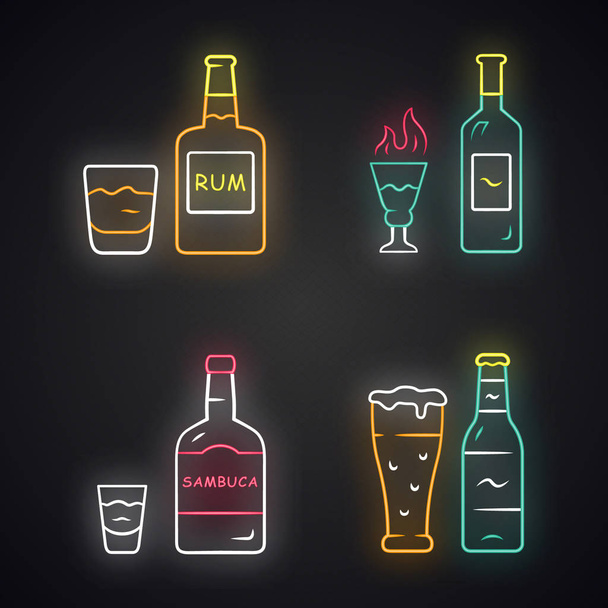Drinks neon light icons set. Rum, absinthe, sambuca, beer. Bottl - Vektor, obrázek