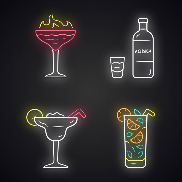 Drinks neon light icons set. Flaming shot, margarita, mojito, vo - Vektor, kép