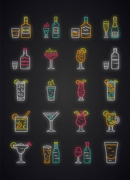 Drinks neon light icons set. Alcohol menu card. Beverages for co - Vetor, Imagem