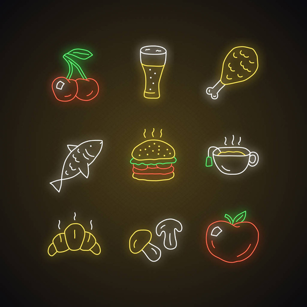 Food and drinks neon light icons set. Burger, chicken leg and be - Vector, Image