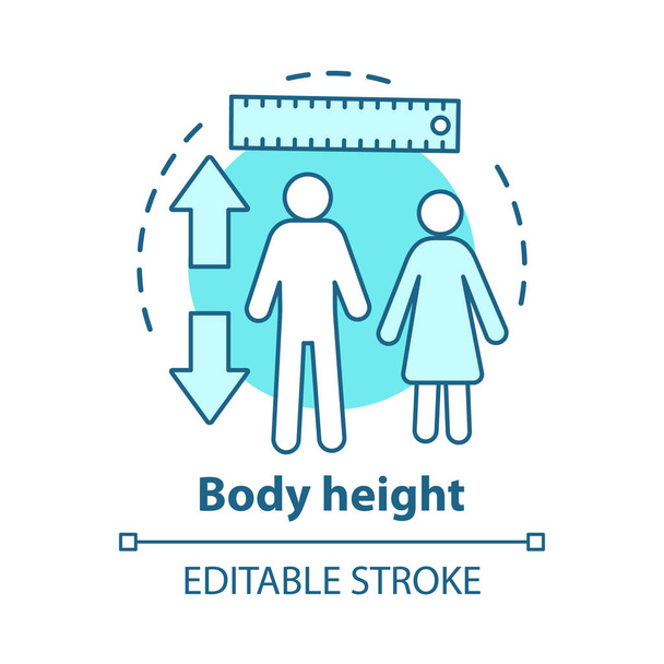 Kehon korkeus parametrit käsite kuvake. Tarkistetaan kasvunopeus mittaustyökaluilla idea ohut viiva kuva. Miehen ja naisen pituuden hallinta. Vektori eristetty ääriviivat piirustus. Syötävä aivohalvaus
 - Vektori, kuva