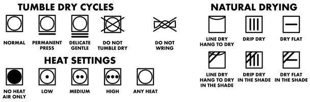 Symbole zum Waschen von Wäsche, Symbole zum Trocknen. - Vektor, Bild