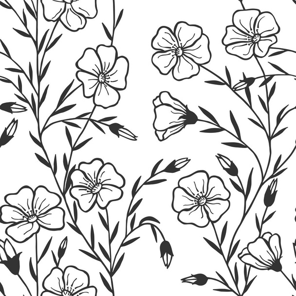Seamless pattern, eps10 vector illustration. Flax flowers. hand drawing - Vector, Imagen