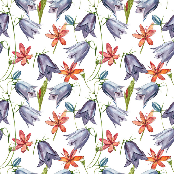 Bellflower blossoms, leaves and bouquets set. Seamless patterns. Watercolor set of flowers and leaves, hand drawn floral illustration isolated on a white background. Botanical art. - Foto, immagini