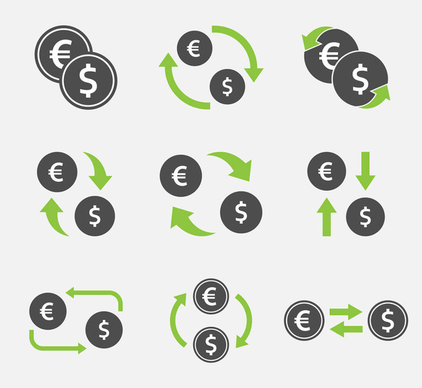 dólar de câmbio e conjunto de ícones do euro, sinais de transferência de moeda
 - Vetor, Imagem