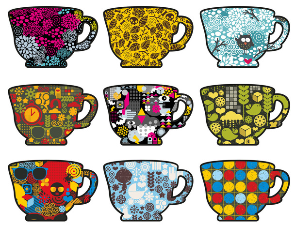 Set of cute tea cups with patterns. - Vector, Imagen