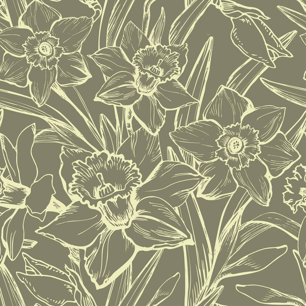 Botanical seamless patten with hand drawn contours of narcissus - Vektor, Bild