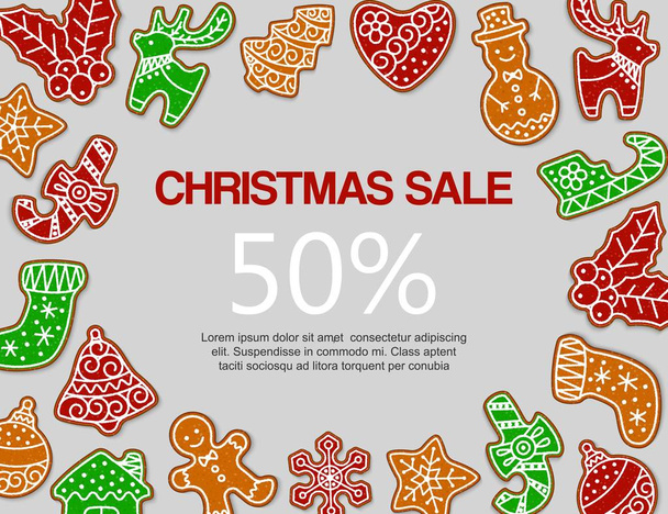 Christmas gingerbread sale vector illustration. Traditional christmas gingerbread snowmen, sock, deer and tree decoration and sweets. Design for New Year sale and discount. - Vektor, obrázek