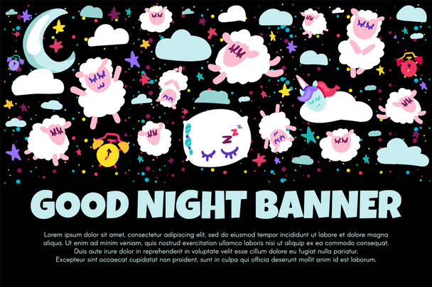 Gute Nacht Banner mit flachen Schafen - Vektor, Bild