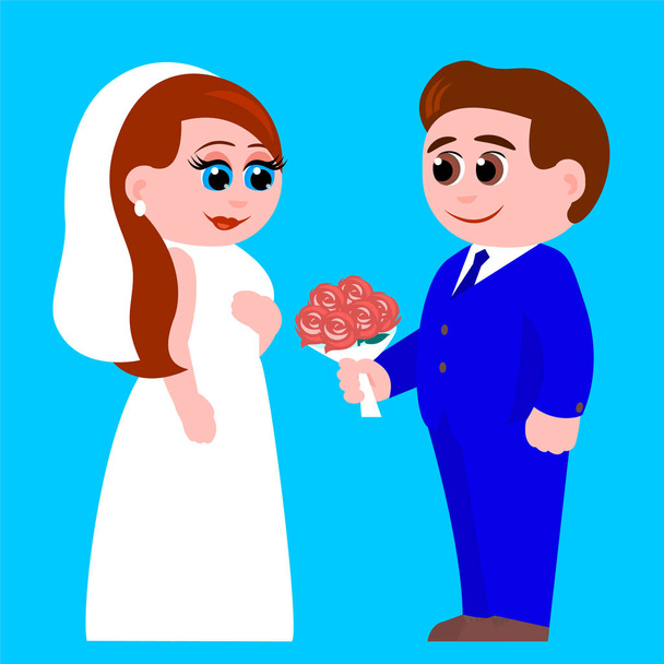 Счастливый жених дарит невесте букет
 - Вектор,изображение