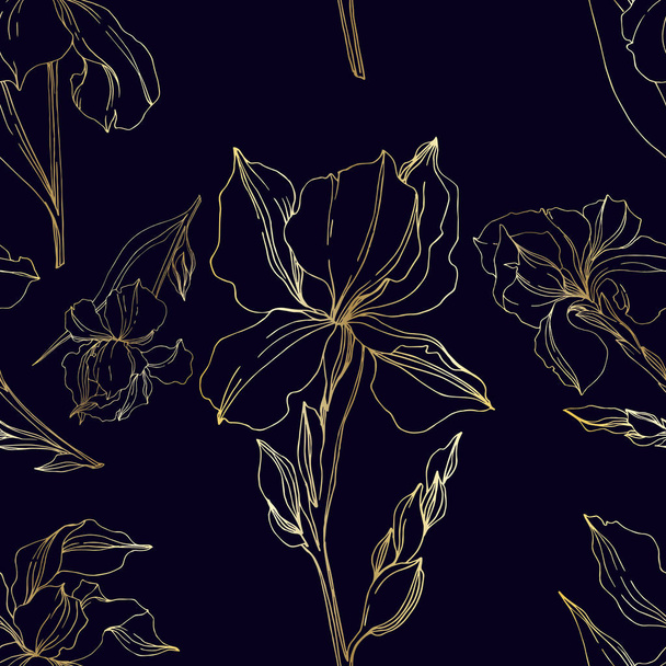 Vector Iris floral botanical flowers. Black and white engraved ink art. Seamless background pattern. - Vecteur, image
