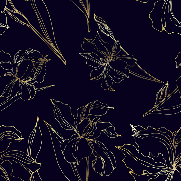 Vector Iris floral botanical flowers. Black and white engraved ink art. Seamless background pattern. - Вектор,изображение
