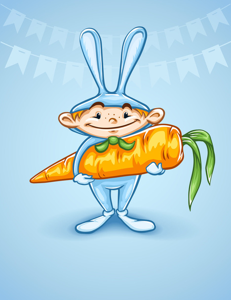 Happy little boy in rabbits costume with big carrot - Vector, afbeelding