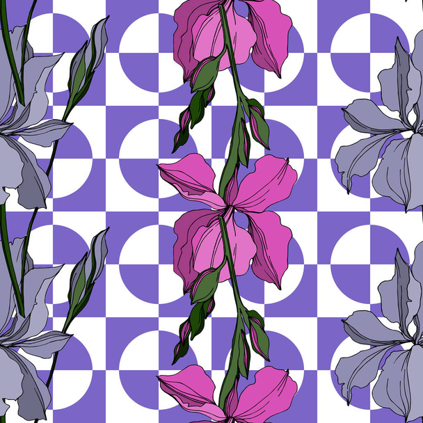 Vektor Iris virágos botanikai virágok. Fekete-fehér vésett tinta Art. Folytonos háttérmintázat. - Vektor, kép