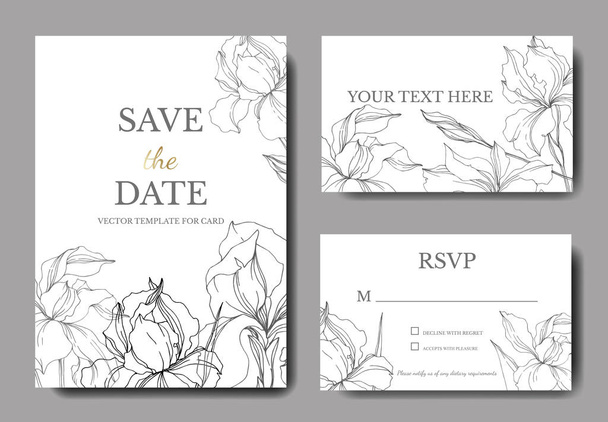 Vector Iris floral botanical flowers. Black and white engraved ink art. Wedding background card decorative border. - Διάνυσμα, εικόνα