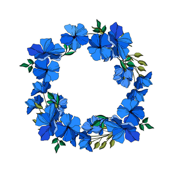 Vector Flax floral botanical flowers. Blue and green engraved ink art. Frame border ornament square. - Vektor, Bild
