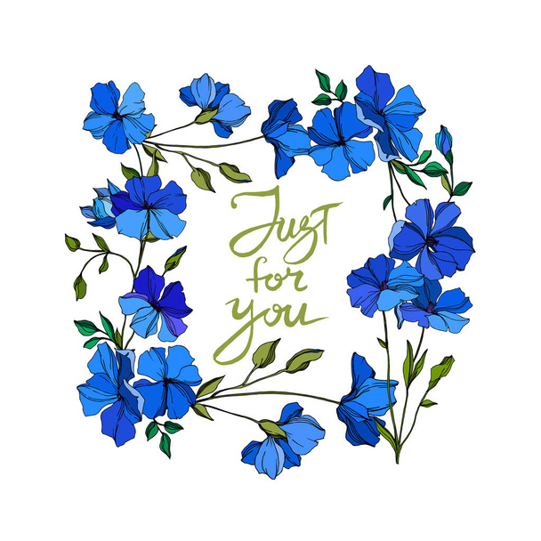 Vektori Flax kukka kasvitieteellinen kukkia. Sinistä ja vihreää kaiverrettua mustetta. Kehyksen raja koriste neliö
. - Vektori, kuva