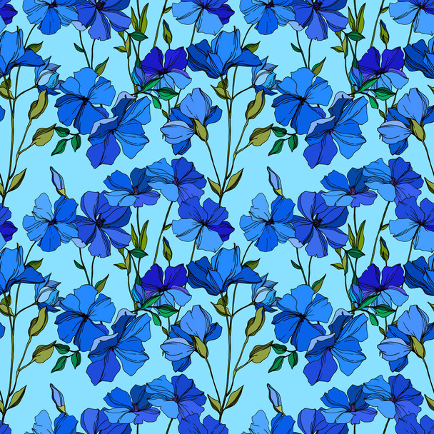 Vector Flax floral botanical flowers. Blue and green engraved ink art. Seamless background pattern. - Vettoriali, immagini