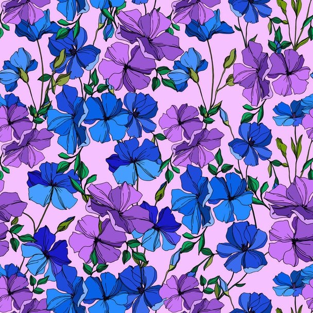 Vector Flax floral botanical flowers. Blue and violet engraved ink art. Seamless background pattern. - Vector, Image