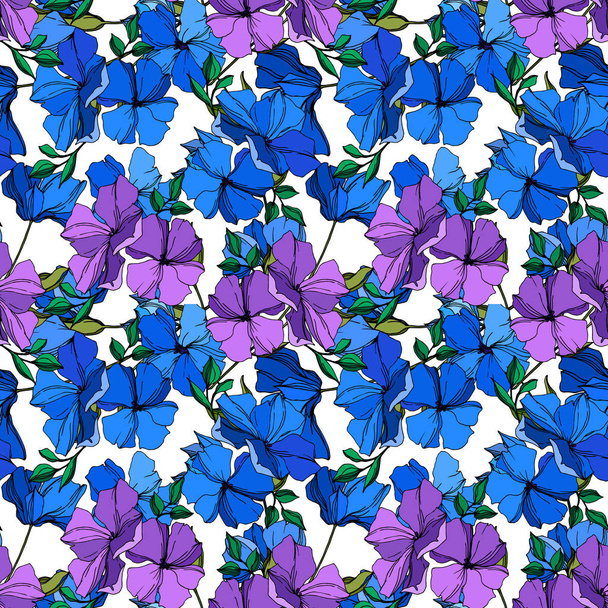 Vektori Flax kukka kasvitieteellinen kukkia. Sininen ja violetti kaiverrettu muste taidetta. Saumaton taustakuvio
. - Vektori, kuva
