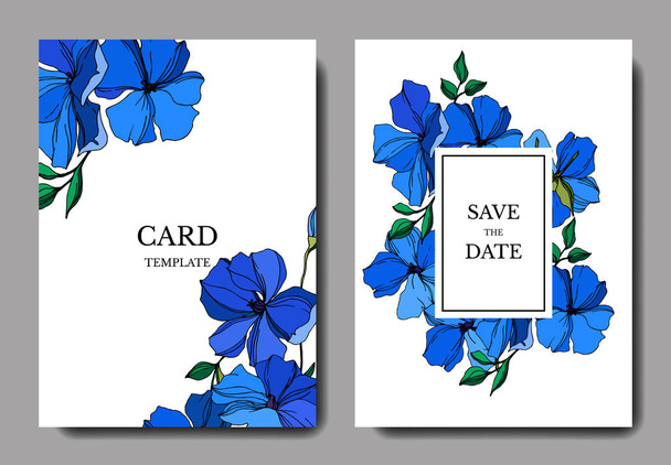 Διάνυσμα λινάρι floral βοτανική λουλούδια. Μπλε και πράσινο χαραγμένο μελάνι τέχνης. Γαμήλια κάρτα φόντο διακοσμητικά περίγραμμα. - Διάνυσμα, εικόνα
