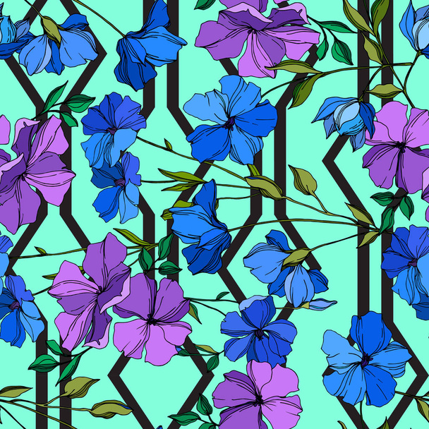 Διάνυσμα λινάρι floral βοτανική λουλούδια. Μπλε και βιολετί χαραγμένο μελάνι τέχνης. Ομαλή μοτίβο φόντου. - Διάνυσμα, εικόνα