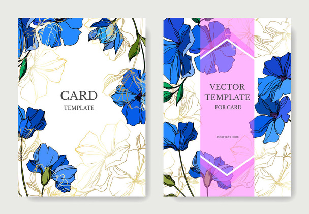 Vector Flax flores botánicas florales. Tinta grabada azul y verde. Boda tarjeta de fondo borde decorativo
. - Vector, imagen