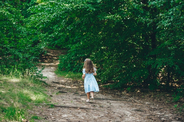 屋外の自然の背景に走る若い美しい幸せな子供の女の子 バックビュー. - 写真・画像