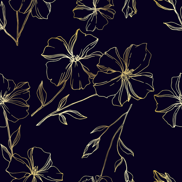ベクトル亜麻花植物の花。黒と白の彫刻インクアート。シームレスな背景パターン. - ベクター画像