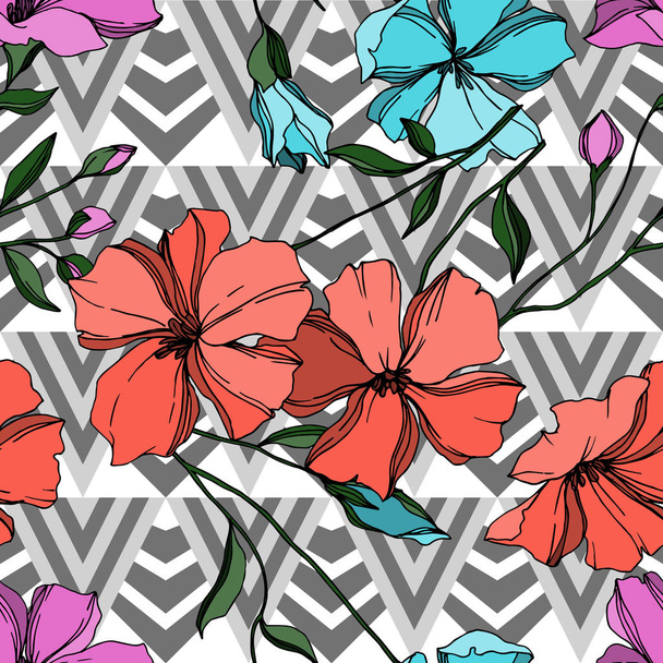 Vector Flax floral botanical flowers. Black and white engraved ink art. Seamless background pattern. - Vector, Image