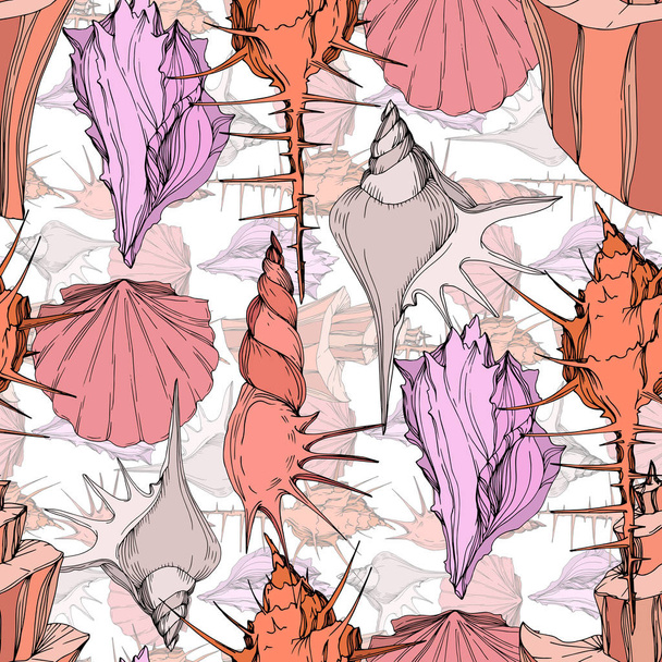 Summer beach seashell tropical elements. Engraved ink art. Seamless background pattern. Fabric wallpaper print texture. - Vector, Image