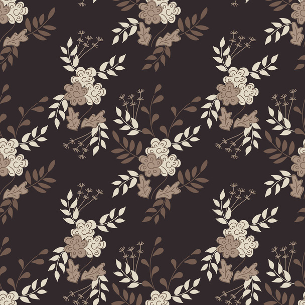 Vektor nahtlosen Hintergrund von kleinen Sträußen aus einfachen Blumen und Zweigen mit Blättern. flaches minimalistisches Retro-Design auf dunklem Hintergrund. - Vektor, Bild