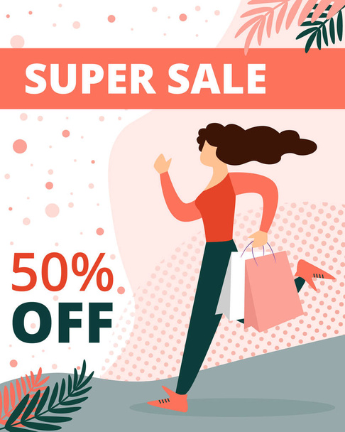 Super Sale Vertical Banner. Woman in Casual Dress - ベクター画像