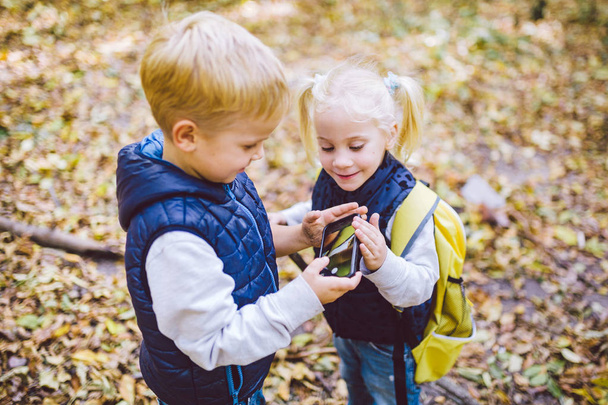 Crianças pré-escolares irmão e irmã caucasiano tirar fotos uns dos outros na câmera do telefone móvel no outono parque florestal. tema de hobby e estilo de vida ativo para a criança. Fotógrafo de profissão
 - Foto, Imagem