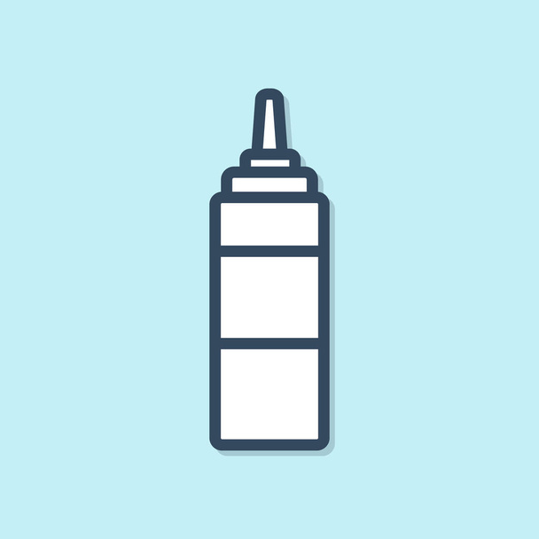 Línea azul icono de la botella de salsa aislado sobre fondo azul. Botellas de ketchup, mostaza y mayonesa con salsa para comida rápida. Ilustración vectorial
 - Vector, imagen
