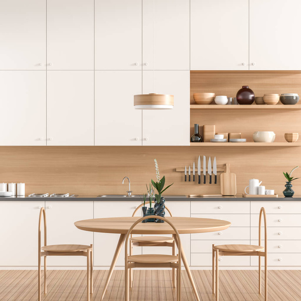 moderne Küche im skandinavischen Stil mit Esstisch. - Foto, Bild
