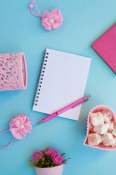 Flat lay girly, pale pink items for planning, notepads, pens, office work or working at home on her laptop, on the pale blue background, with place for labels. Concept Desk. - 写真・画像