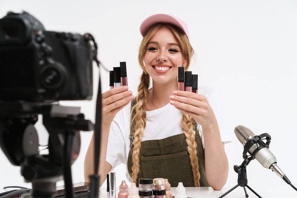 Image of cute blogger girl recording video broadcast with microp - Fotoğraf, Görsel