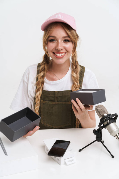 Image of beautiful girl recording blog broadcast with microphone - Fotoğraf, Görsel
