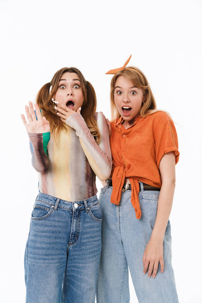 Portrait of two shocked girls wearing casual clothes screaming a - Фото, зображення