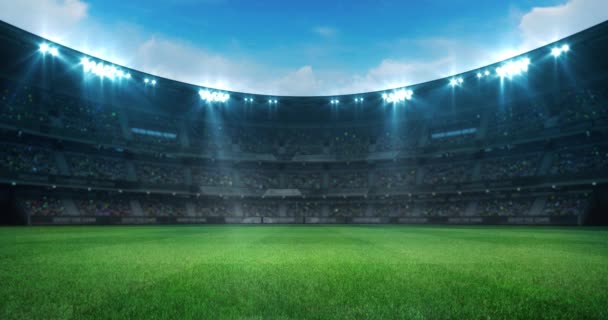Lege groene gras speeltuin in een stadion vol fans bij daglicht, sport 4k professionele achtergrond animatie loop - Video