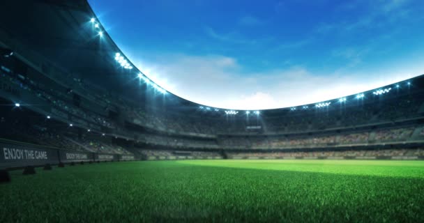 leere grüne Rasenspielplatz in einem Stadion voller Zuschauer bei Tageslicht, Sport 4k professionelle Hintergrund-Animation Schleife - Filmmaterial, Video