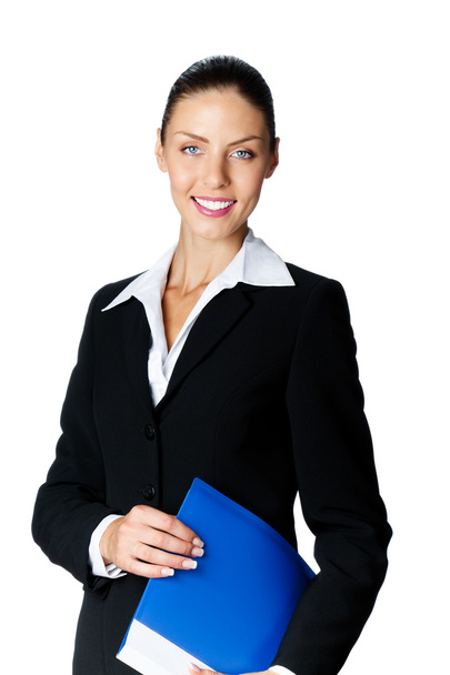 Portrait of smiling business woman with blue folder, isolated - Foto, immagini