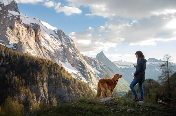 山の中で犬を飼っている女の子。秋の気分。ペットと一緒に旅行する。ノバスコシアダックトリングレトリバー - 写真・画像