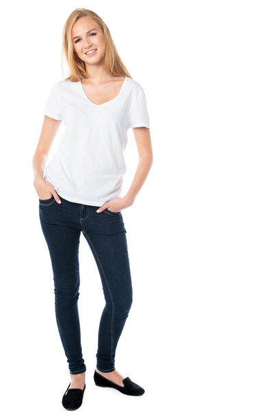 Attractive smiling woman in jeans - Zdjęcie, obraz