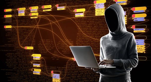 Internet security concept with hacker at digital map with node tree and binary code background. - Photo, Image