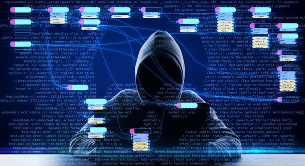 Internet Security concept met node symbolen en Binay code bij hacker met laptop achtergrond. - Foto, afbeelding